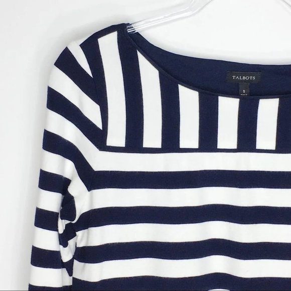 Talbots Striped Top Navy Blue White Top Zipper Sleeves 3/4 Sleeves Sz S - Picture 2 of 6